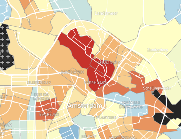 Kankeratlas die laat zien dat in Amsterdam Noord-West erg veel longkanker diagnoses worden gesteld.