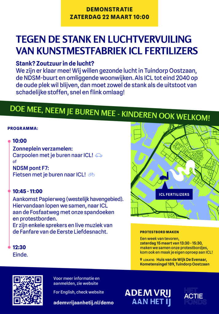 Achterzijde flyer voor de demonstratie op 22 maart tegen luchtvervuiling door ICL Fertilizers