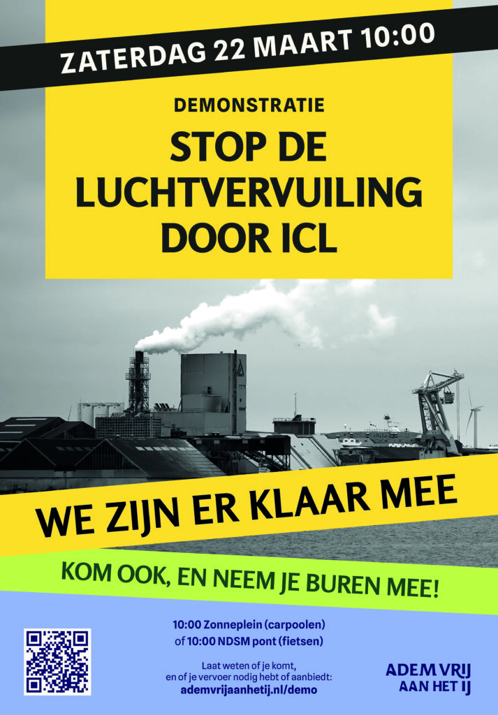 Flyer voor de demonstratie op 22 maart tegen luchtvervuiling door ICL Fertilizers