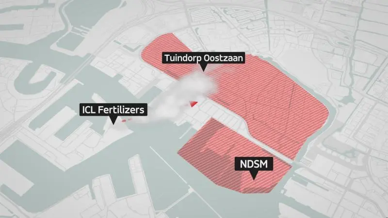 Plattegrond die overlast van ICL voor Tuindorp Oostzaan en NDSM weergeeft bij zuidwestenwind.